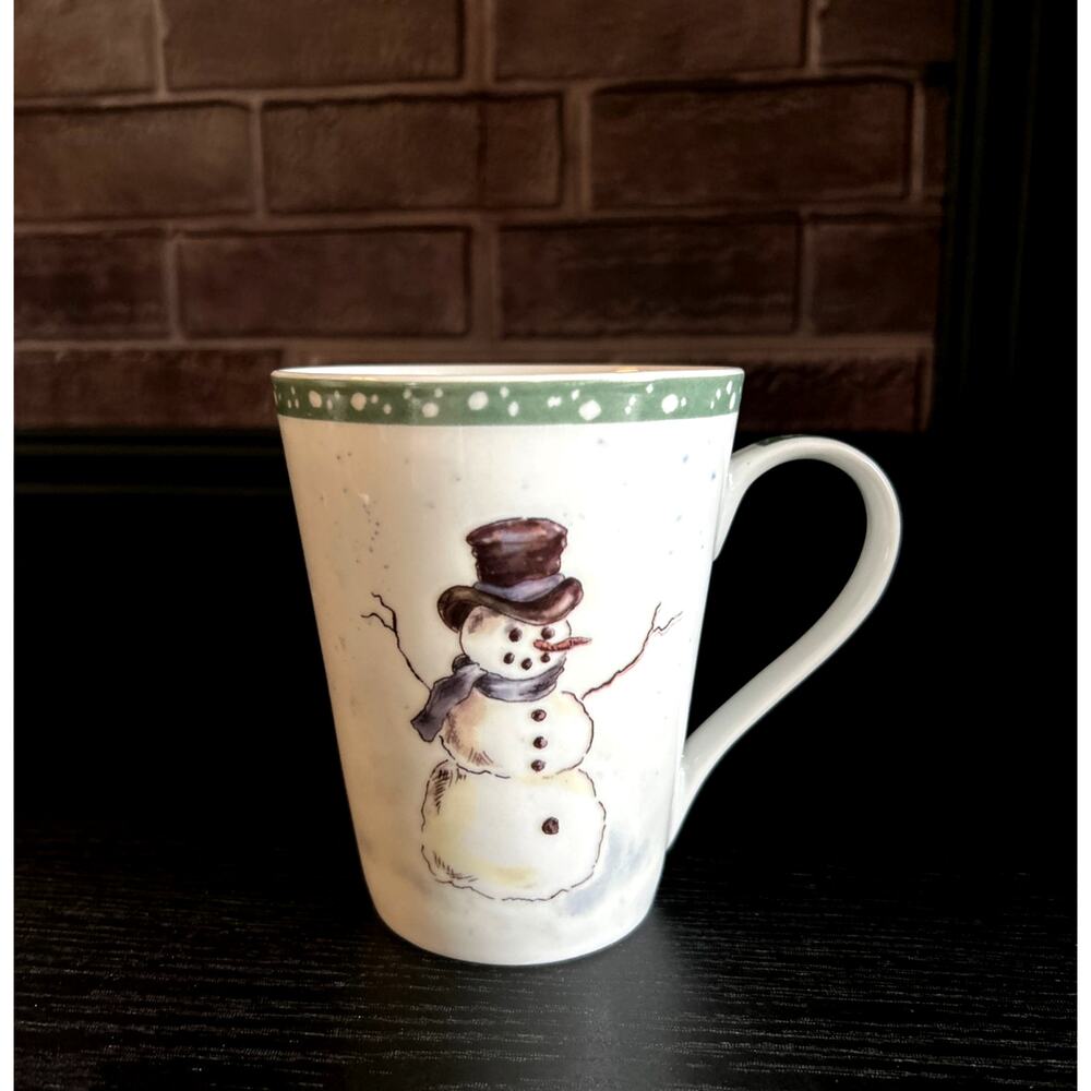 Tracy Porter Fallen Snowman Mug Christmas Green 2001 Vintage Holiday Coffee Cup